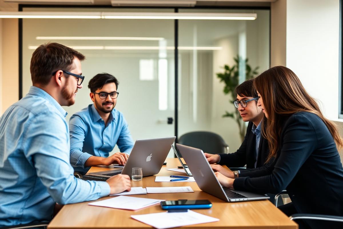 Equipe comercial trabalhando em conjunto durante um treinamento prático